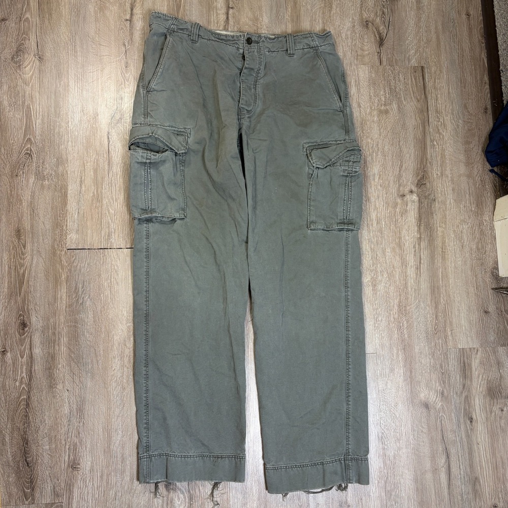 VTG J Crew Cargo Pants 36x33 Green 100% Cotton Wide Leg Baggy Distressed